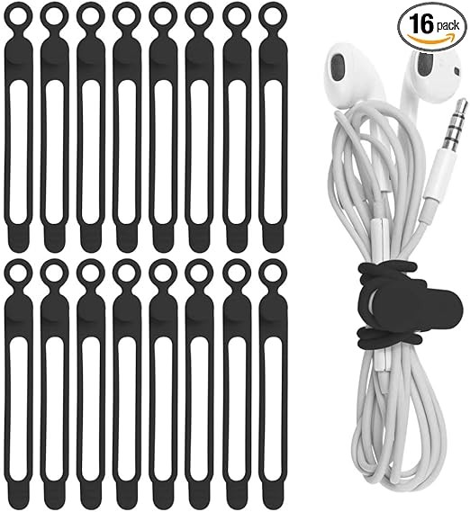 16Pcs Silicone Cable Straps Wire Organizer for Bundling Earphone, Phone Charger, Computer Cords, Reusable Cable Ties Cord Organizer in Home,Office,Kitchen,School(Black)